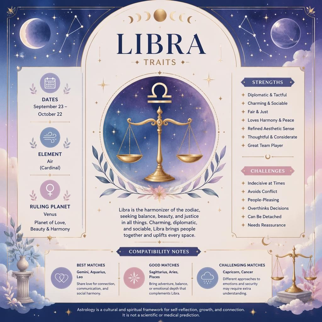 Pastel celestial Libra traits infographic with scales symbol, dates, element, ruling planet, traits, strengths, challenges.