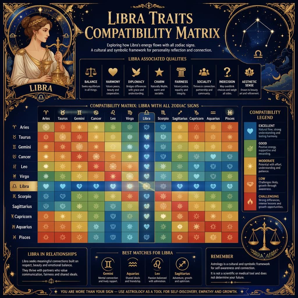 Infografía zodiacal con matriz 12×12 de compatibilidad de Libra, estilo art nouveau en azul medianoche y dorado.