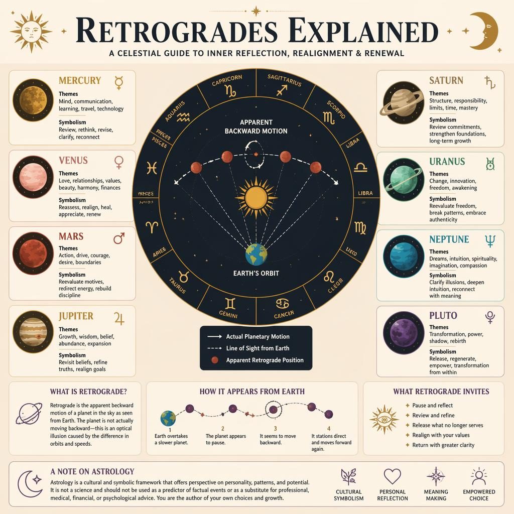 Flat astrology infographic with retrograde planet panels, zodiac wheel, motion arrows, and warm earth-tone celestial icons.