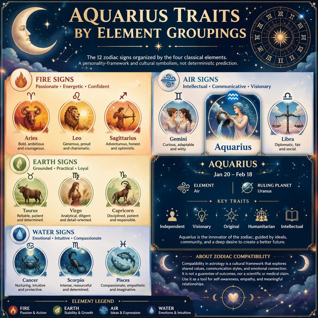 Infographie astrologique en grille 12 signes, style aquarelle céleste, avec Verseau mis en valeur dans le groupe Air.