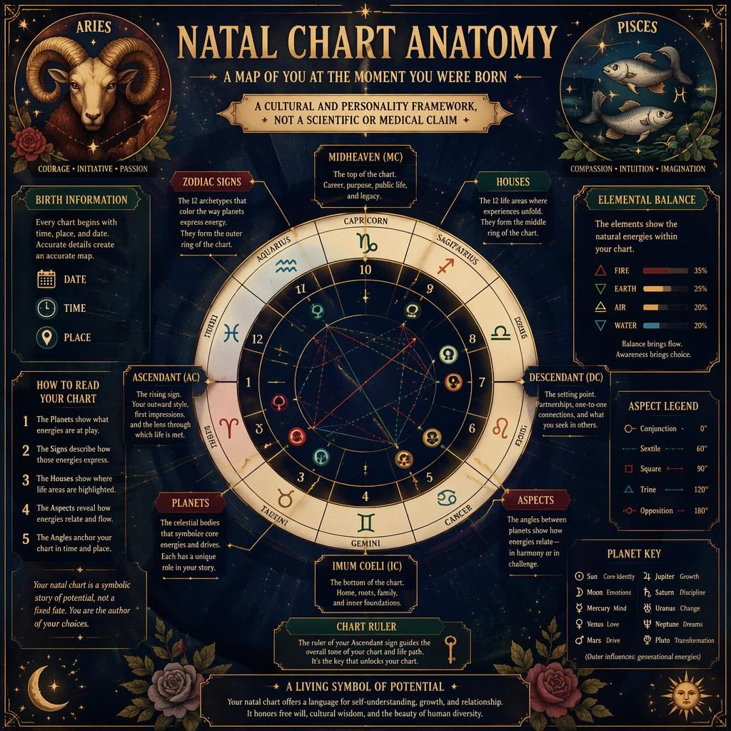 Infographie astrologique vintage avec roue du thème natal, légendes en anglais, motifs Bélier et Poissons, tons bleu, rose et or.