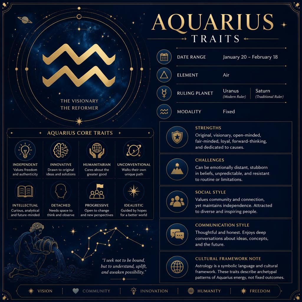 Aquarius traits infographic with large glyph, deep blue and gold celestial icons, sections for element, ruling planet, strengths, and social style.