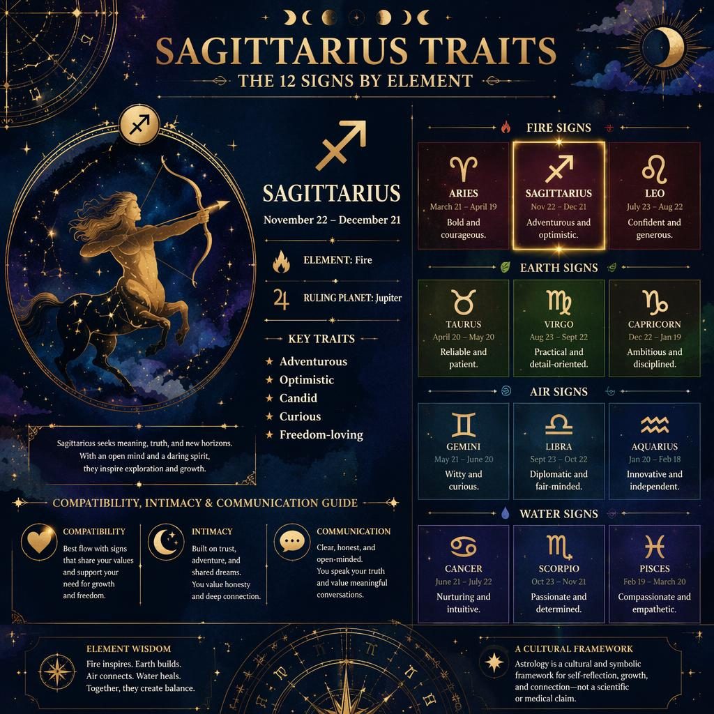 Watercolor zodiac infographic showing 12 signs by element, with Sagittarius highlighted in Fire on a midnight blue and gold chart.