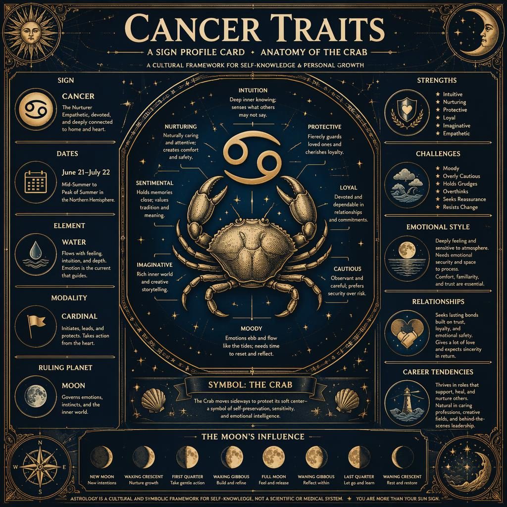Vintage Cancer traits infographic with crab emblem, glyph, zodiac wheel, moon phases, constellations, and labeled profile sections.