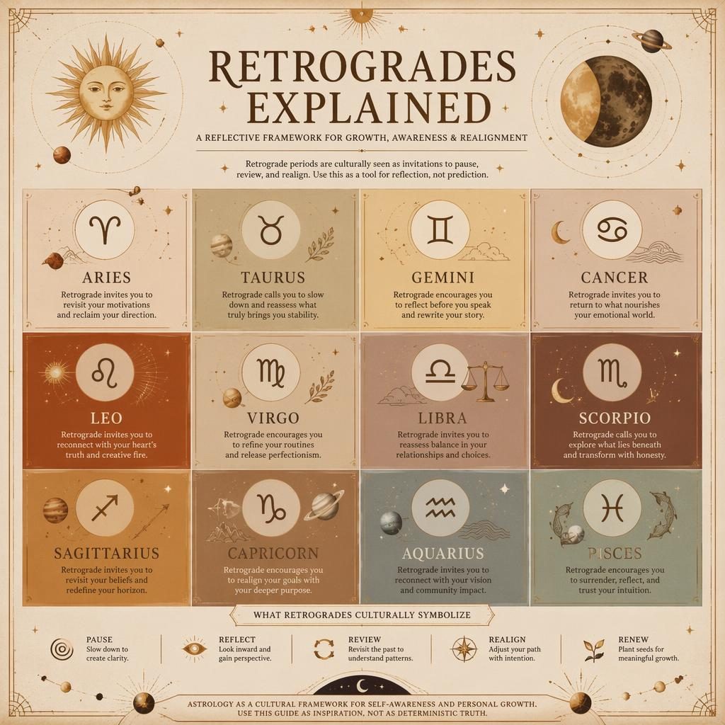 Celestial editorial infographic of 12 zodiac signs in a grid with retrograde traits, glyphs, stars, moons, and orbit lines.