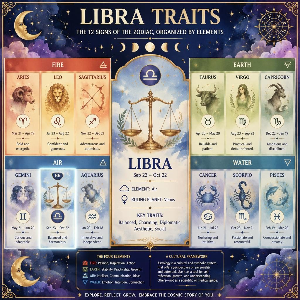 Watercolor zodiac infographic with 12-sign elemental grid, Libra highlighted in Air group, stars, moon phases, clouds, and gold accents.