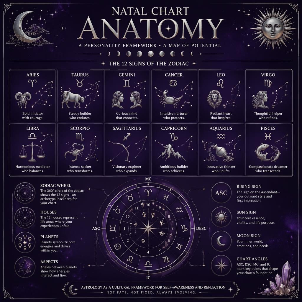 Celestial astrology infographic with a 12-sign grid, zodiac wheel callouts, moon phases, constellations, and purple silver design.
