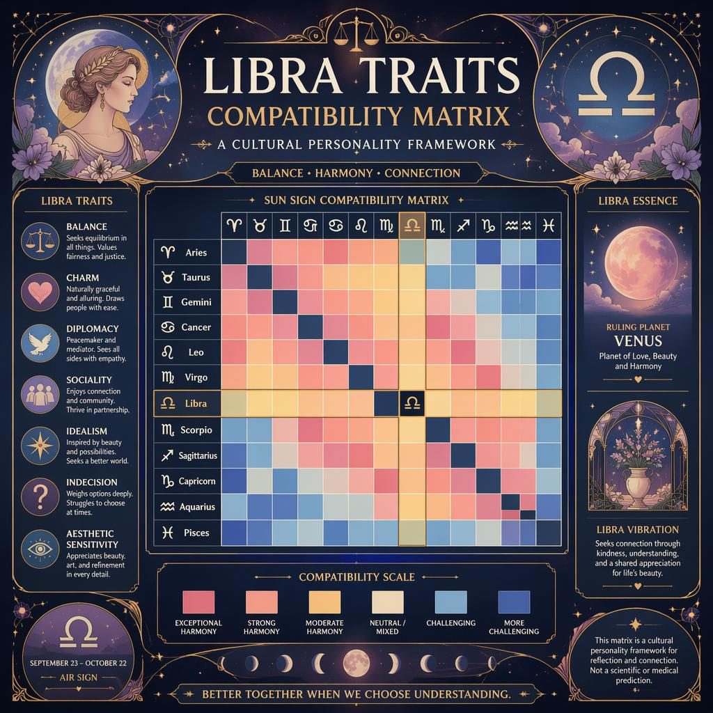 Infografía mística art nouveau con matriz 12x12 de compatibilidad zodiacal centrada en Libra, paleta pastel, azul profundo y dorado.