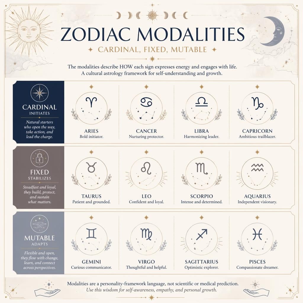Pastel celestial infographic showing Zodiac Modalities in a 12-sign grid grouped as Cardinal, Fixed, and Mutable.