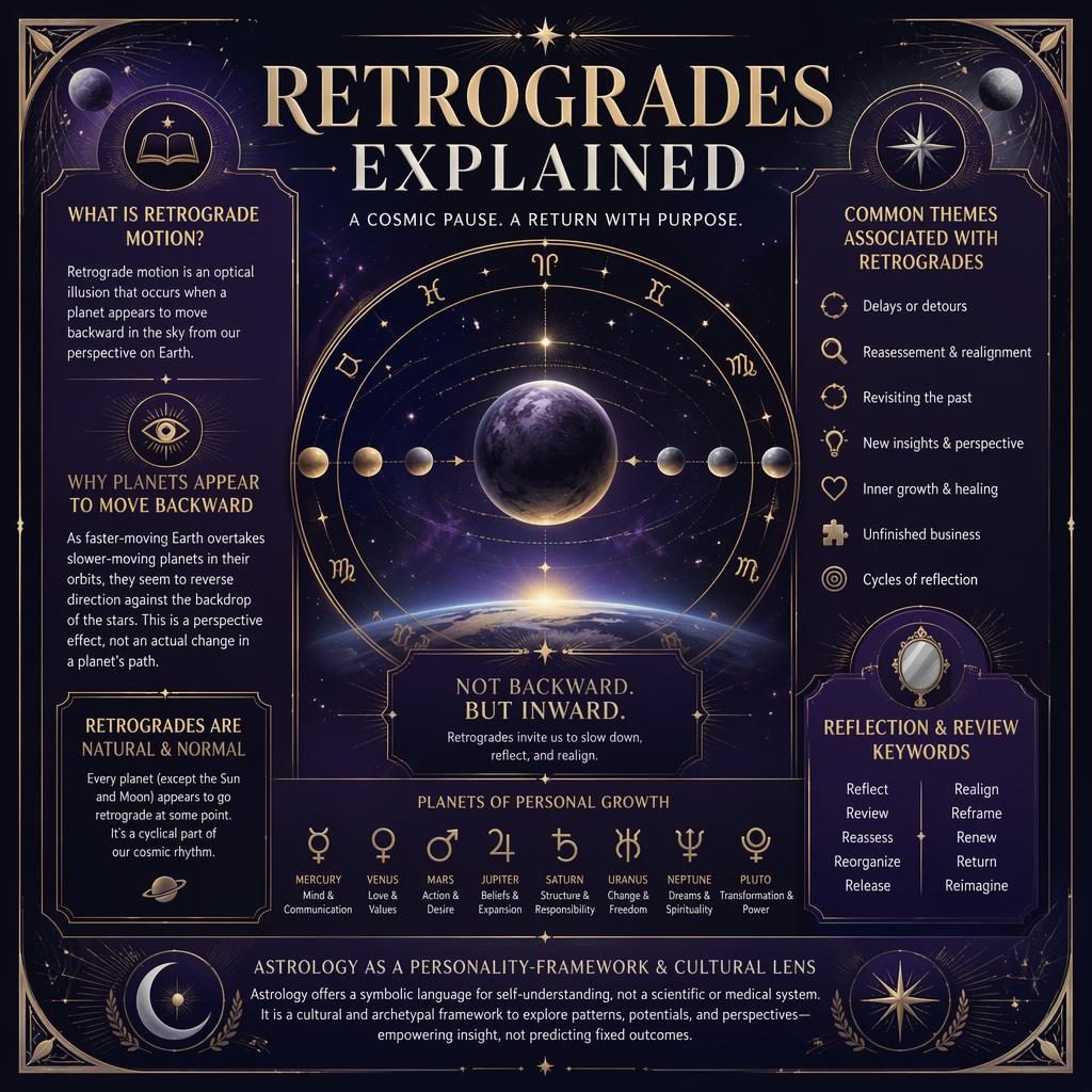Art deco astrology wheel infographic in deep purple, gold, and silver explaining retrogrades with celestial glyphs and stars.