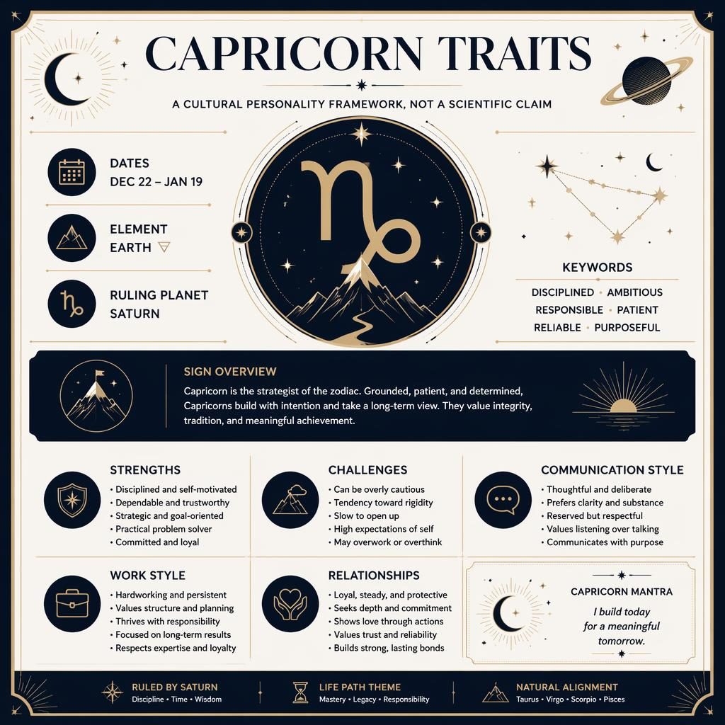 Infografía editorial de Capricornio con glifo central, fechas, Saturno, rasgos, iconos celestes y diseño azul profundo con dorado.