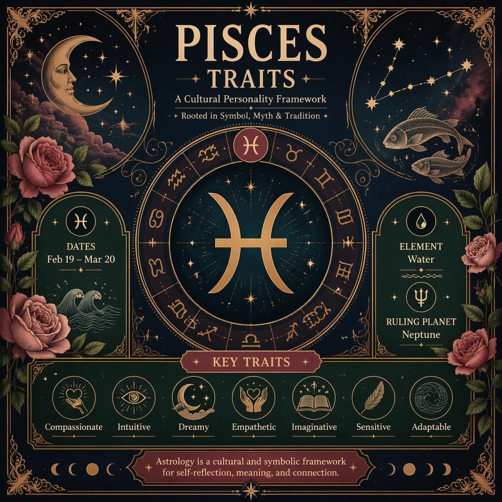 Vintage Pisces traits infographic with zodiac glyph, celestial frame, dates, water element, Neptune, and key traits.