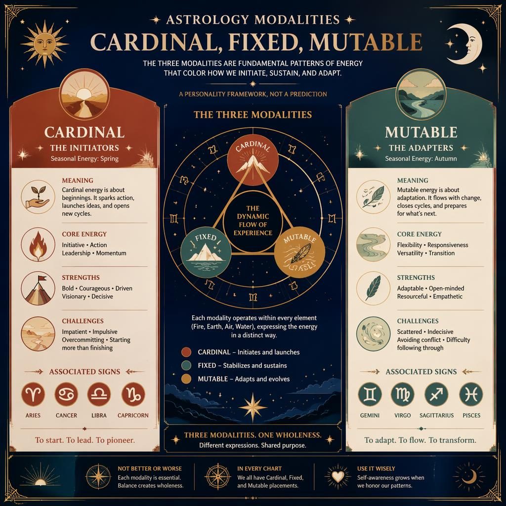 Zodiac modalities infographic with Cardinal, Fixed, and Mutable sections, celestial diagram, zodiac signs, blue and gold icons.