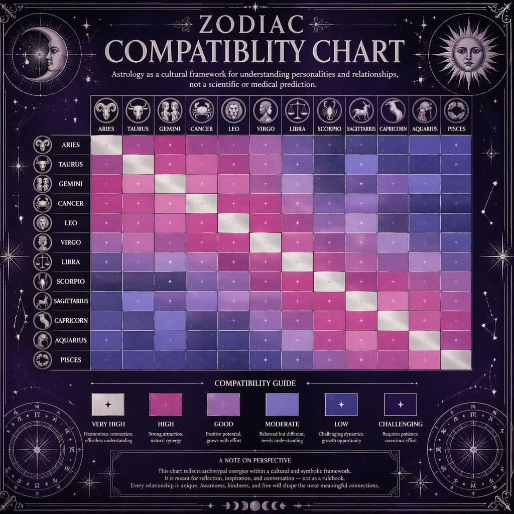 Vintage-style zodiac compatibility chart infographic with a 12x12 heatmap, celestial motifs, star map details, and purple silver palette.