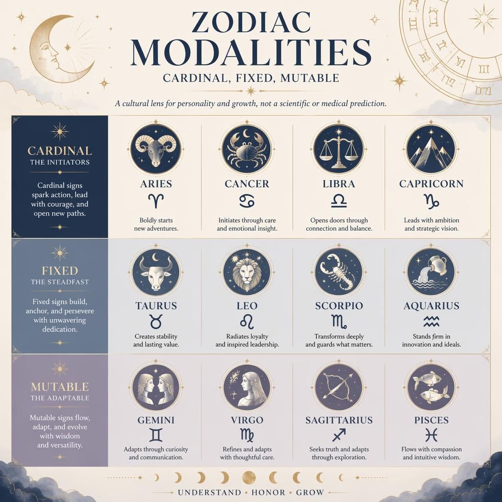 Infografía del zodiaco en cuadrícula de 12 signos, agrupados por cardinal, fijo y mutable, con estilo celestial pastel azul y dorado.