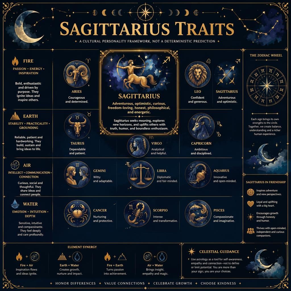 Midnight blue and gold zodiac infographic showing all 12 signs by element, with Sagittarius highlighted in the Fire group.