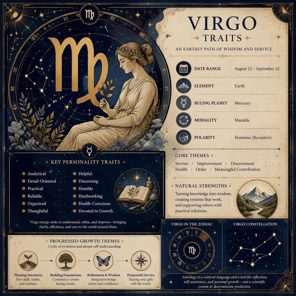 Vintage-style Virgo traits infographic with Virgo glyph, dates, element, ruling planet, traits, star charts and gold accents