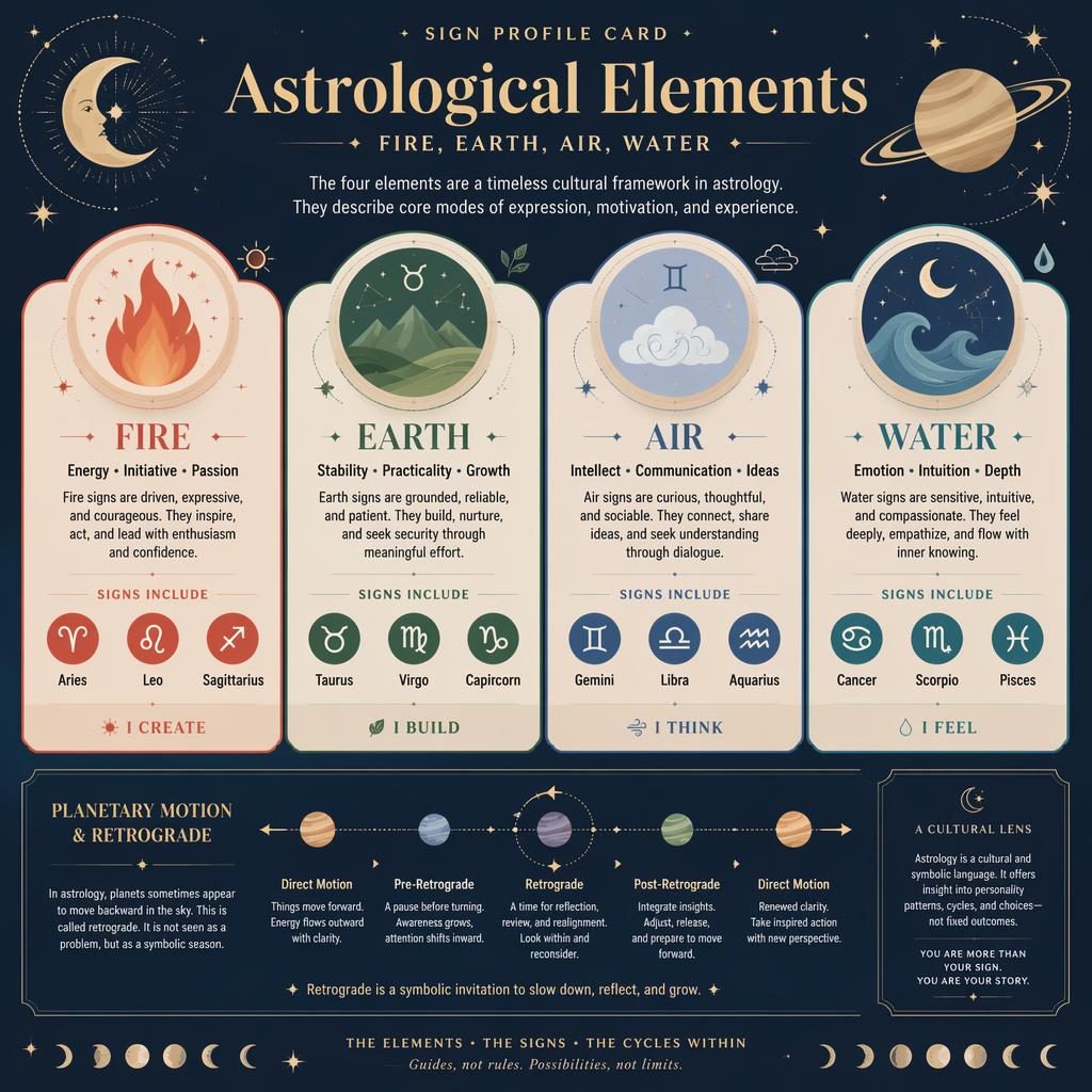 Minimal pastel celestial infographic poster showing Fire, Earth, Air, and Water zodiac elements with signs and retrograde panel.