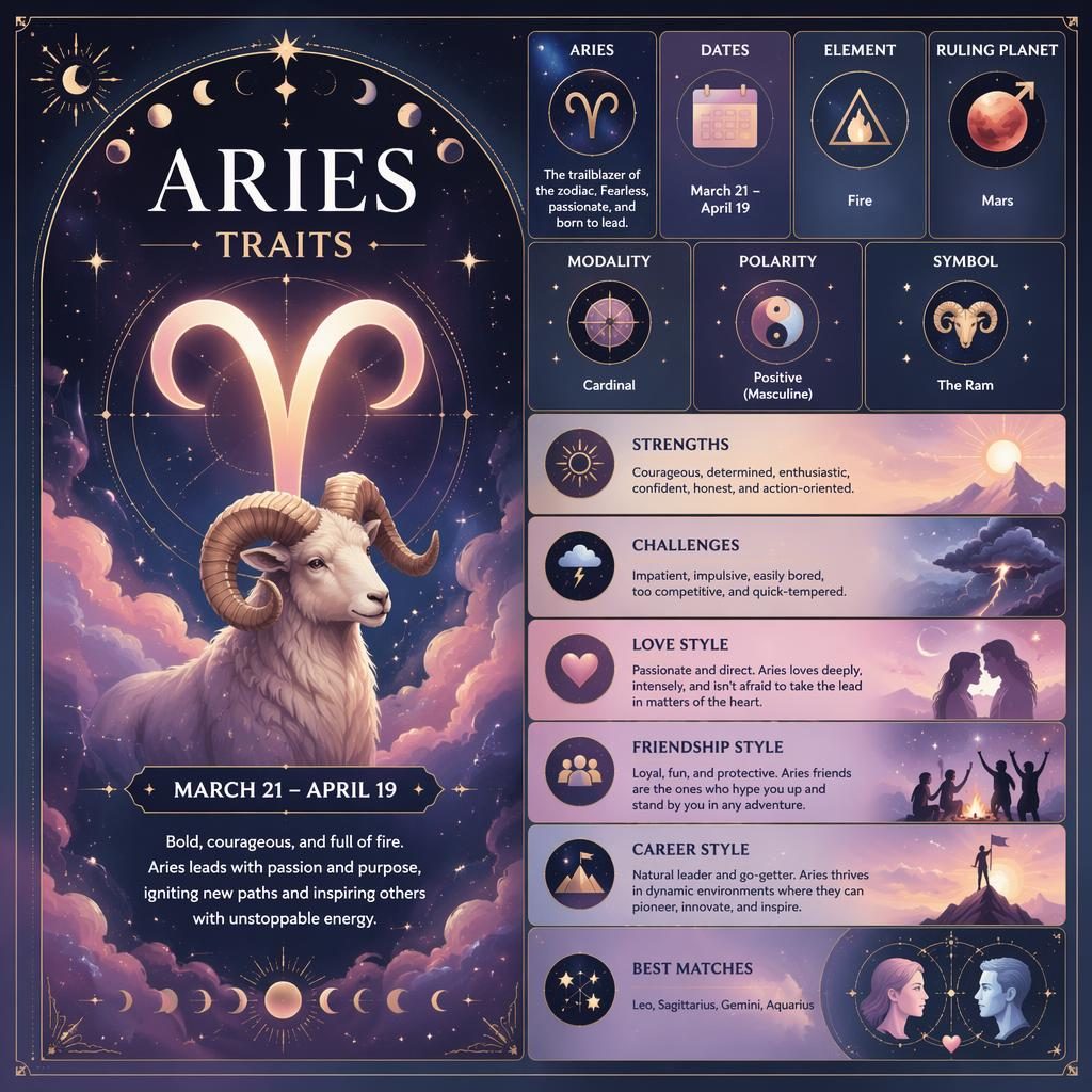 Pastel celestial Aries traits infographic with Aries glyph, dates, Mars, zodiac icons, stars, moon phases, and gold accents