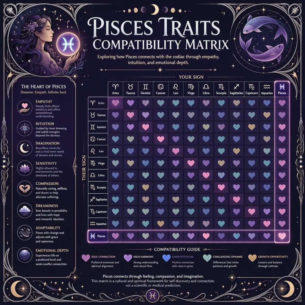 Infografía mística de compatibilidad zodiacal 12x12 con Piscis destacado, estilo art nouveau en morado, plata y estrellas.
