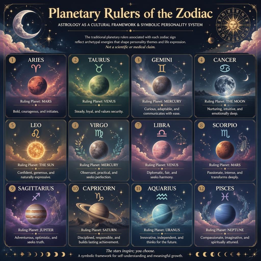 Infographie céleste en grille de 12 signes avec glyphes, planètes maîtresses, traits en anglais, fond bleu nuit et accents dorés.