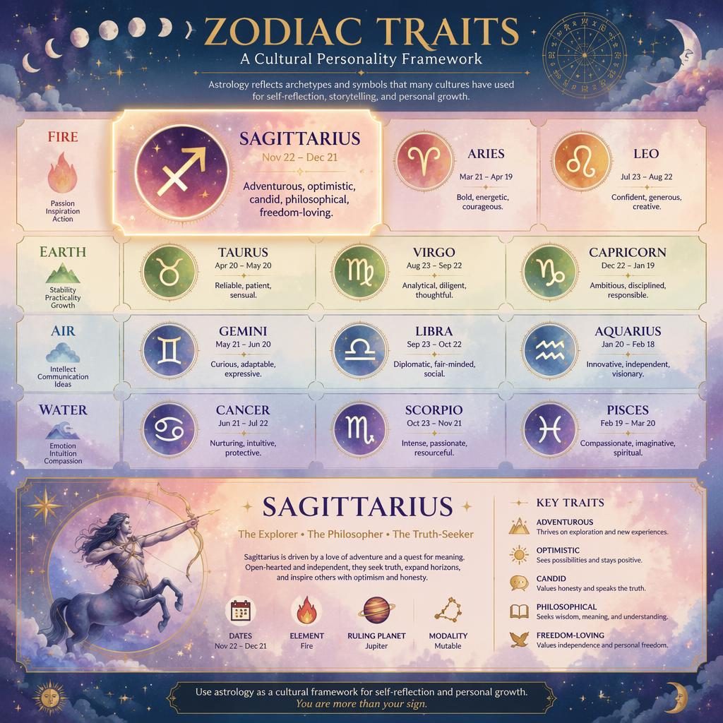 Mystical zodiac infographic showing a 12-sign grid by element, with Sagittarius highlighted and expanded traits on a pastel blue sky.