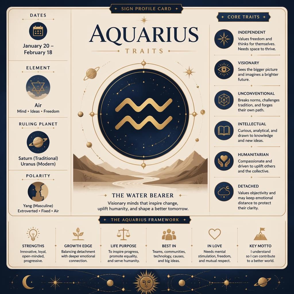 Minimal flat Aquarius traits infographic with glyph, dates, element, ruling planets, trait callouts, and celestial chart motifs.