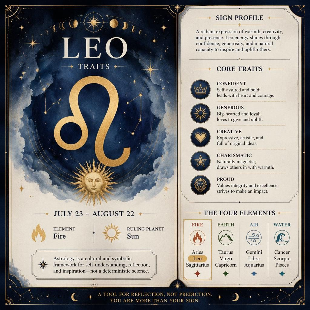 Mystical Leo traits infographic with Leo glyph, dates, Fire element, Sun ruler, and four elements panel highlighting Fire.