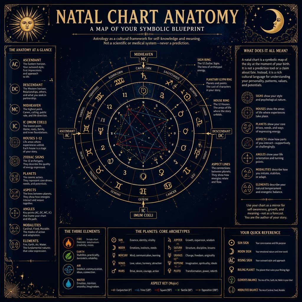 Vintage astrology infographic with a gold natal chart wheel on midnight blue, labeled houses, signs, planets, aspects, and side notes.