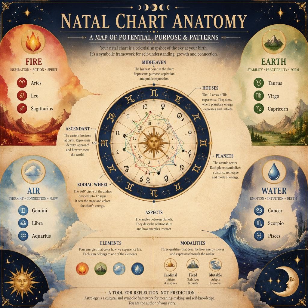 Mystická infografika s natal chart kolem, čtyřmi sekcemi živlů a anglickými názvy znamení, planet a domů.