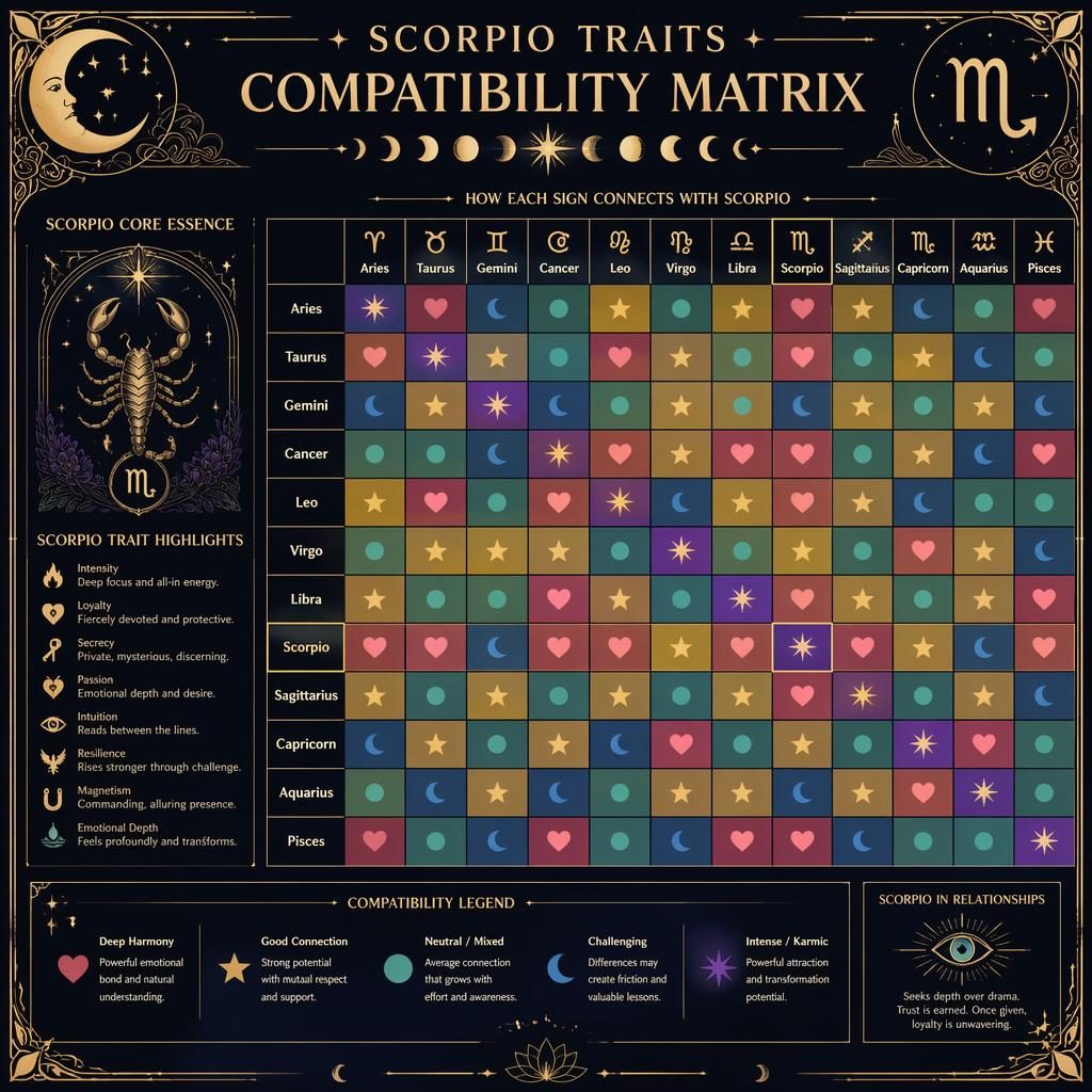 Art nouveau zodiac infographic with a 12x12 Scorpio-focused compatibility heatmap in midnight blue and gold celestial design.