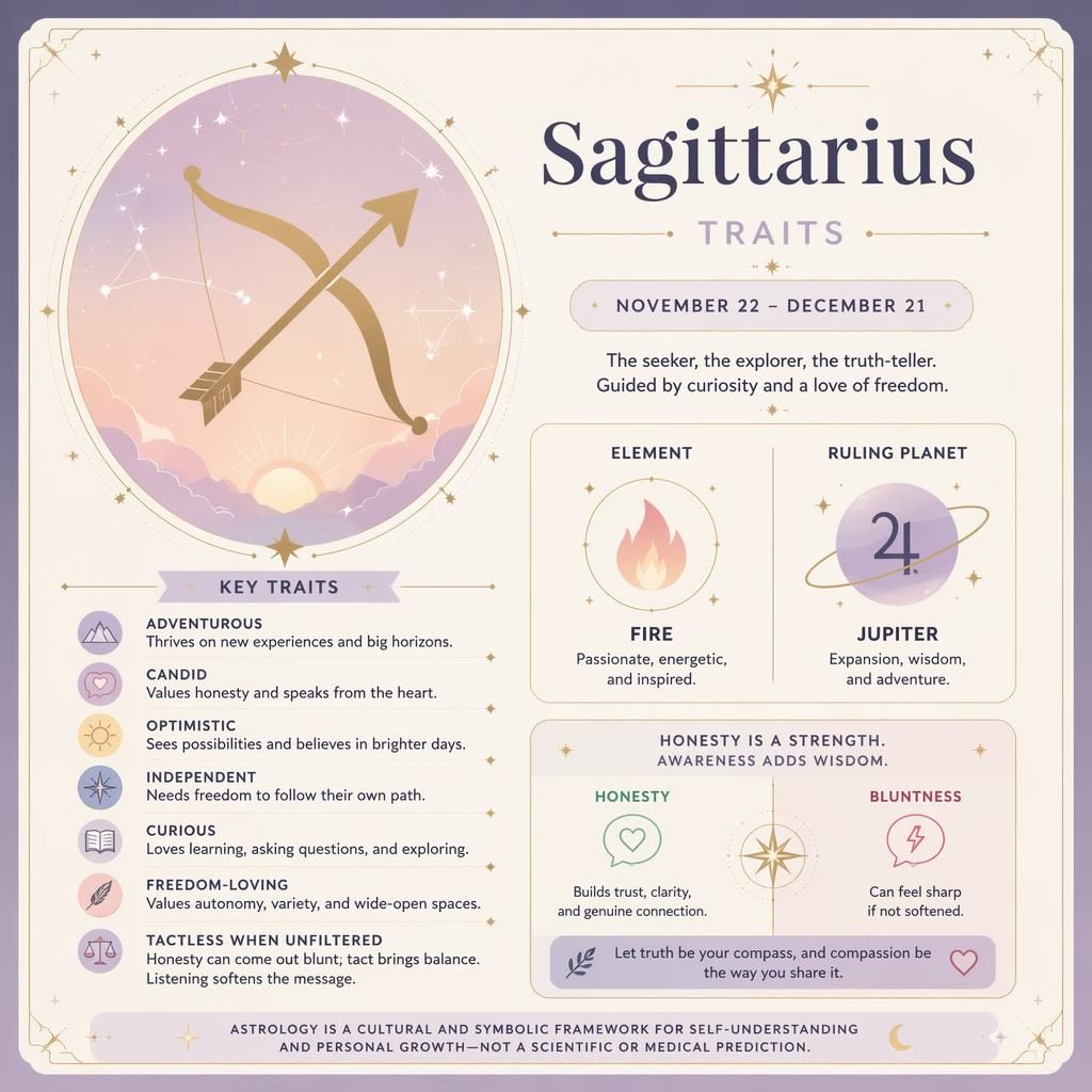 Tarjeta infográfica de Sagitario con icono zodiacal, estrellas, constelación, fuego, Júpiter y rasgos en inglés.