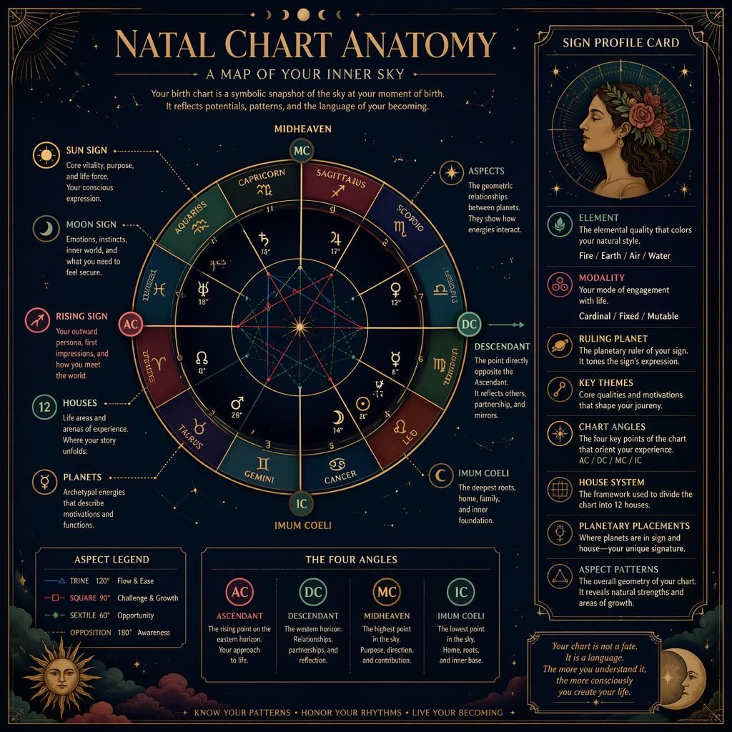 Deep blue and gold astrology infographic with natal chart wheel, rising sign marker, house labels, aspects, and profile panel.