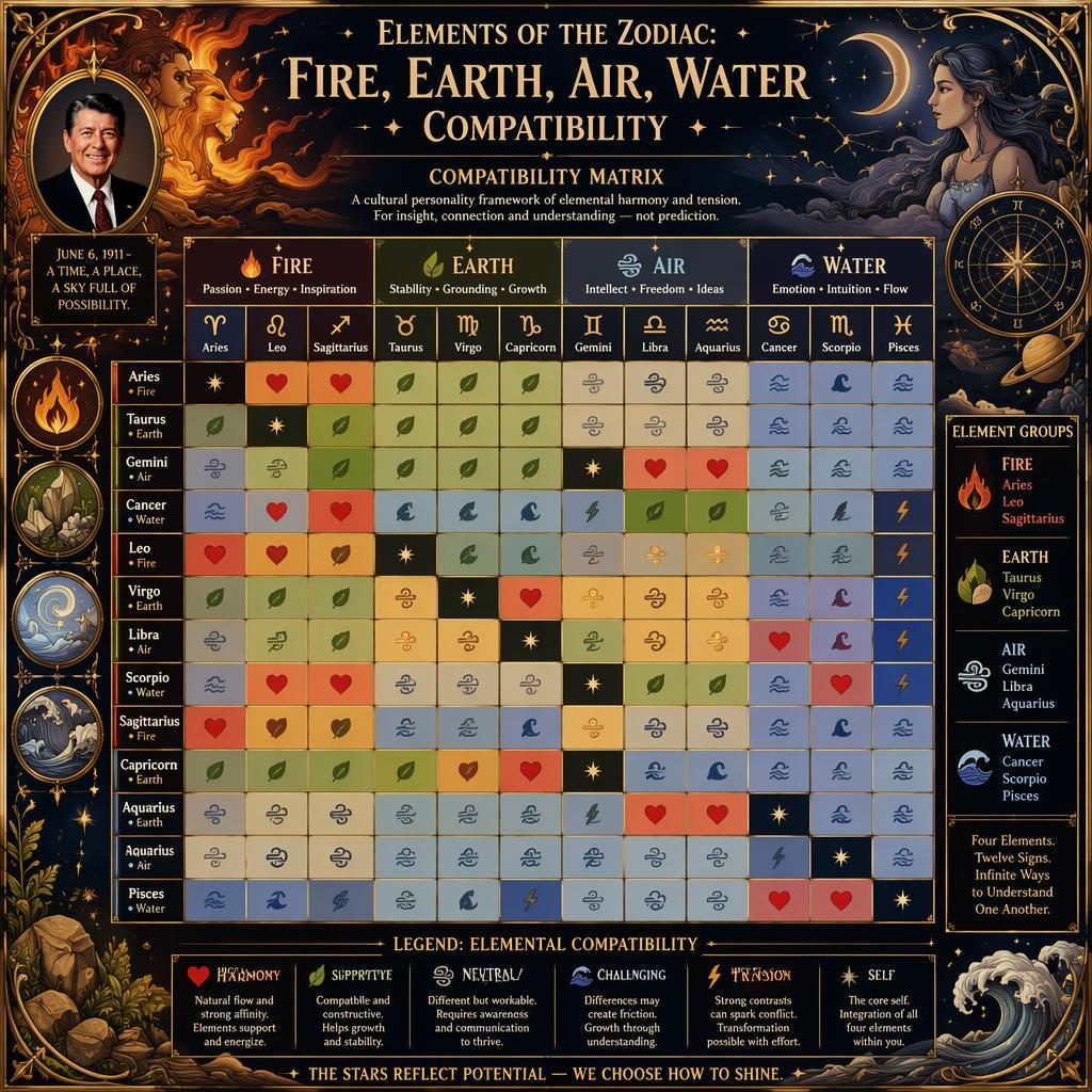 Art nouveau zodiac compatibility matrix infographic with 12 signs, elemental heatmap, celestial motifs, and ornate borders