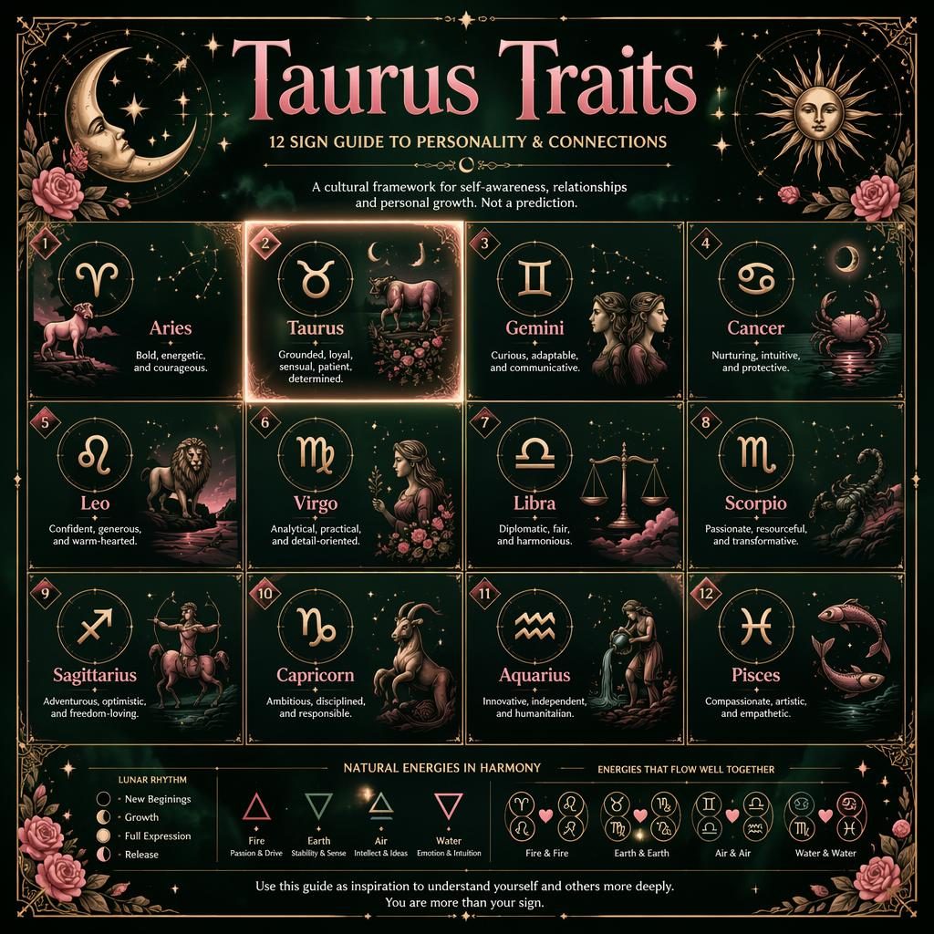 Celestial editorial 12-sign zodiac grid infographic with Taurus emphasized in rose, forest, blue and gold accents.