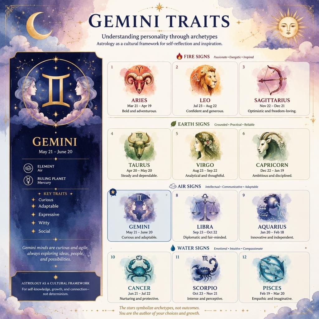 Pastel celestial zodiac infographic showing 12-sign element grid with Gemini highlighted in the Air group and traits.