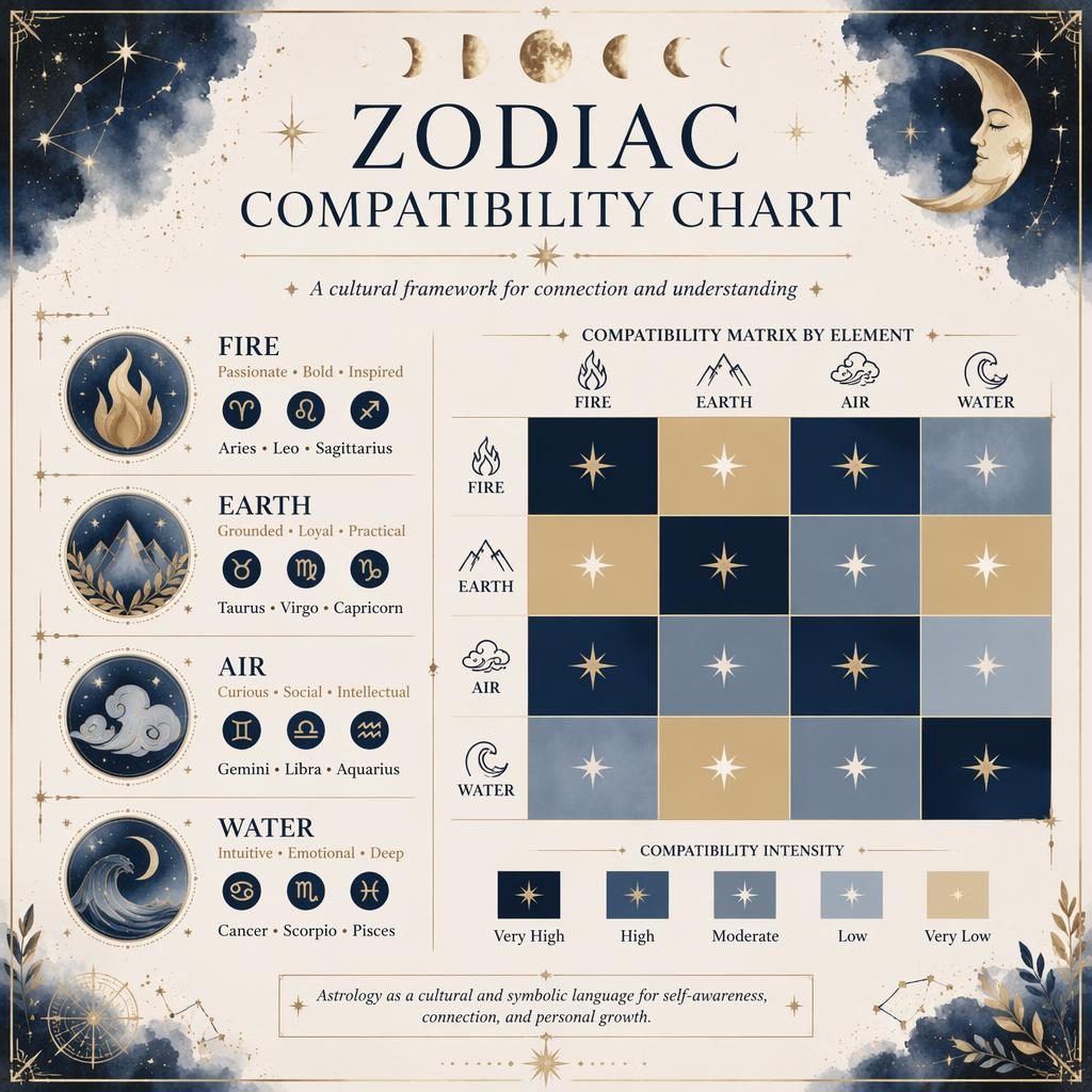 Mystical zodiac compatibility chart infographic with a 4x4 element heatmap, English labels, moon phases, stars, and blue-gold accents.