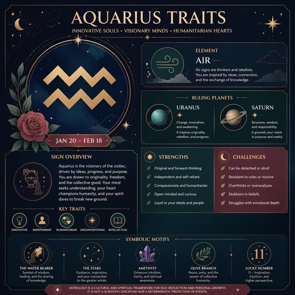 Minimal Aquarius traits infographic with Aquarius glyph, Jan 20–Feb 18, Air element, Uranus and Saturn, celestial accents.