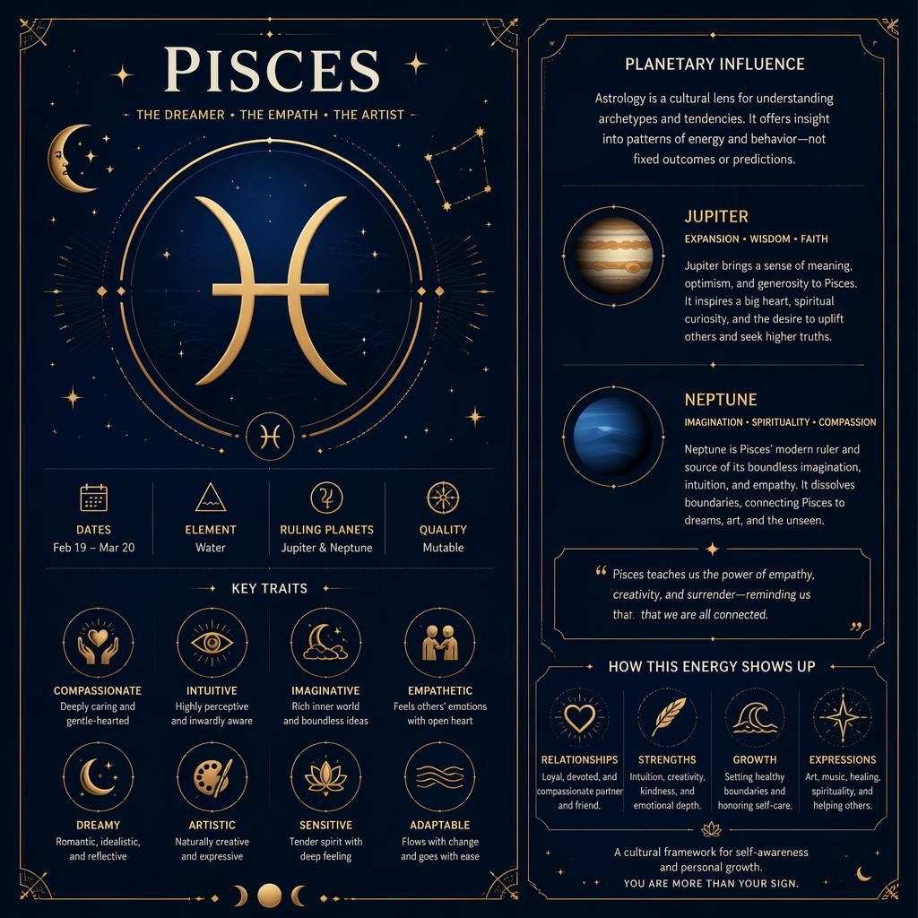 Midnight blue and gold Pisces profile card infographic with Pisces glyph, dates, element, Jupiter and Neptune, and traits.