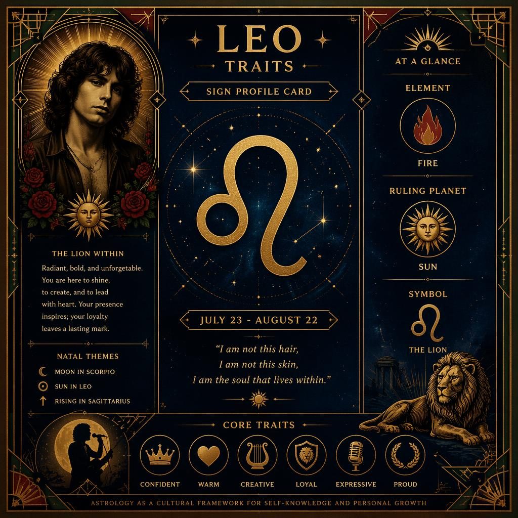 Leo Traits zodiac infographic with Leo glyph, July 23–August 22, Fire, Sun, celestial art deco borders in blue, gold, rose.