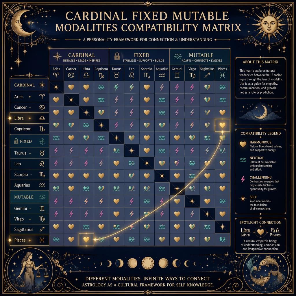 Infografía zodiacal 12x12 en azul medianoche y dorado con signos, glifos, modalidades y mapa de compatibilidad.