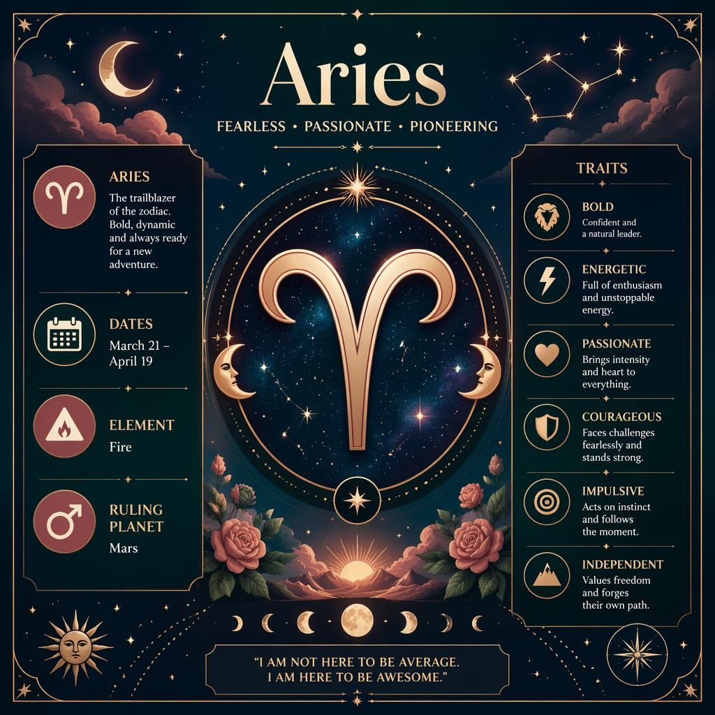 Pastel Aries zodiac profile card with central ram glyph, celestial frame, stars, moon phases, traits, Mars, and dates.