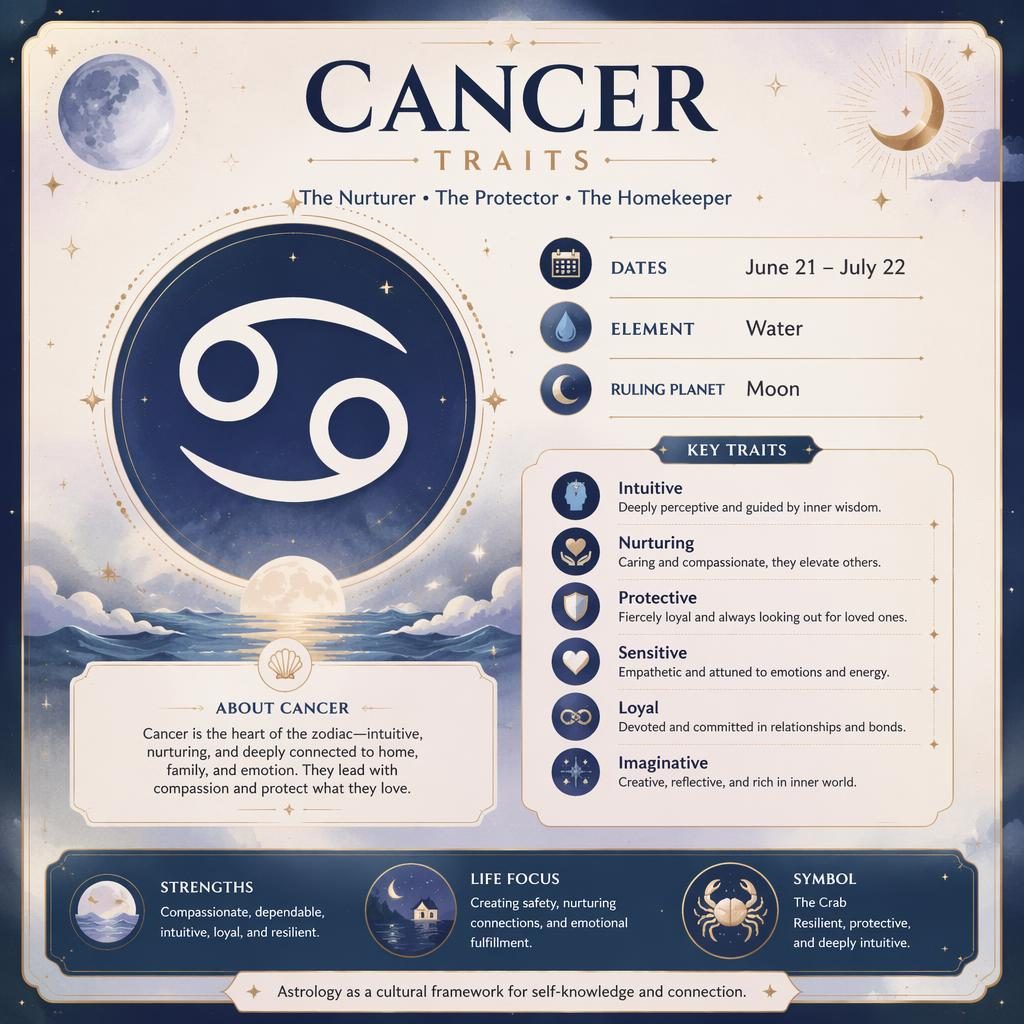 Tarjeta infográfica zodiacal de Cáncer con glifo central, fechas 21 de junio–22 de julio, agua, luna y rasgos.