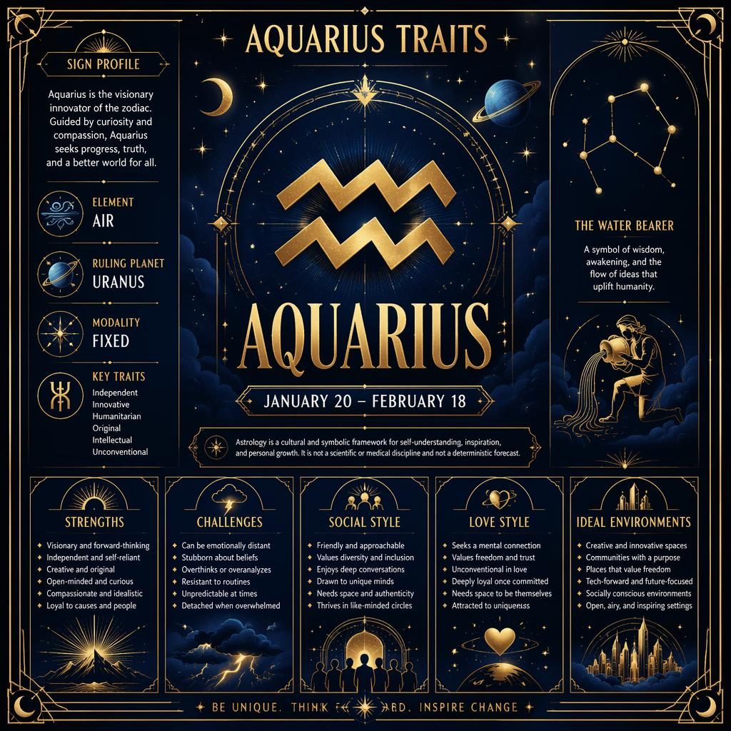 Infografía zodiacal de Acuario en azul medianoche y dorado, con glifo central, rasgos, fechas y detalles celestiales art déco.