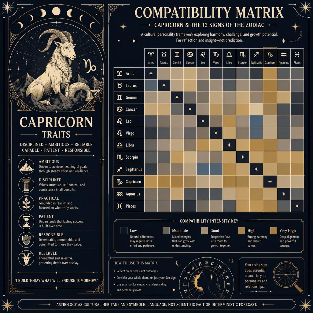 Art nouveau Capricorn traits infographic with 12x12 zodiac compatibility matrix, celestial motifs, moon phases, and monochrome blue-gold styling.