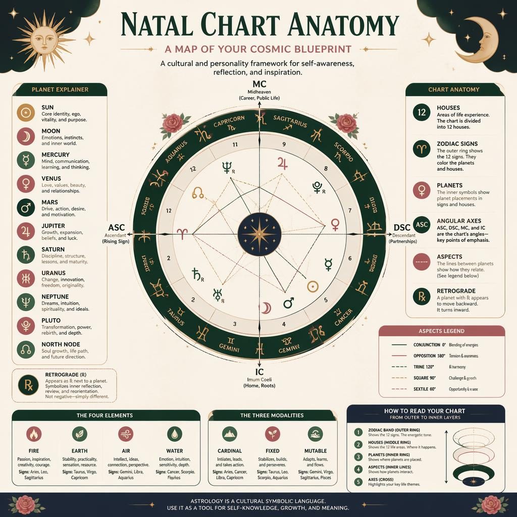 Educational astrology infographic with a circular natal chart wheel, 12 houses, zodiac ring, planets, aspects, axes, and labels.