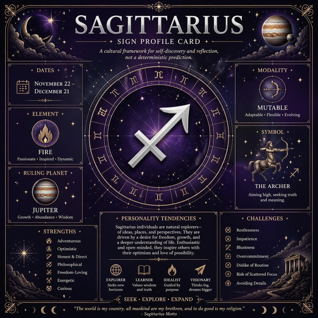 Vintage astrology infographic card for Sagittarius with central glyph, zodiac wheel, trait labels, stars, moons, and ornate borders.