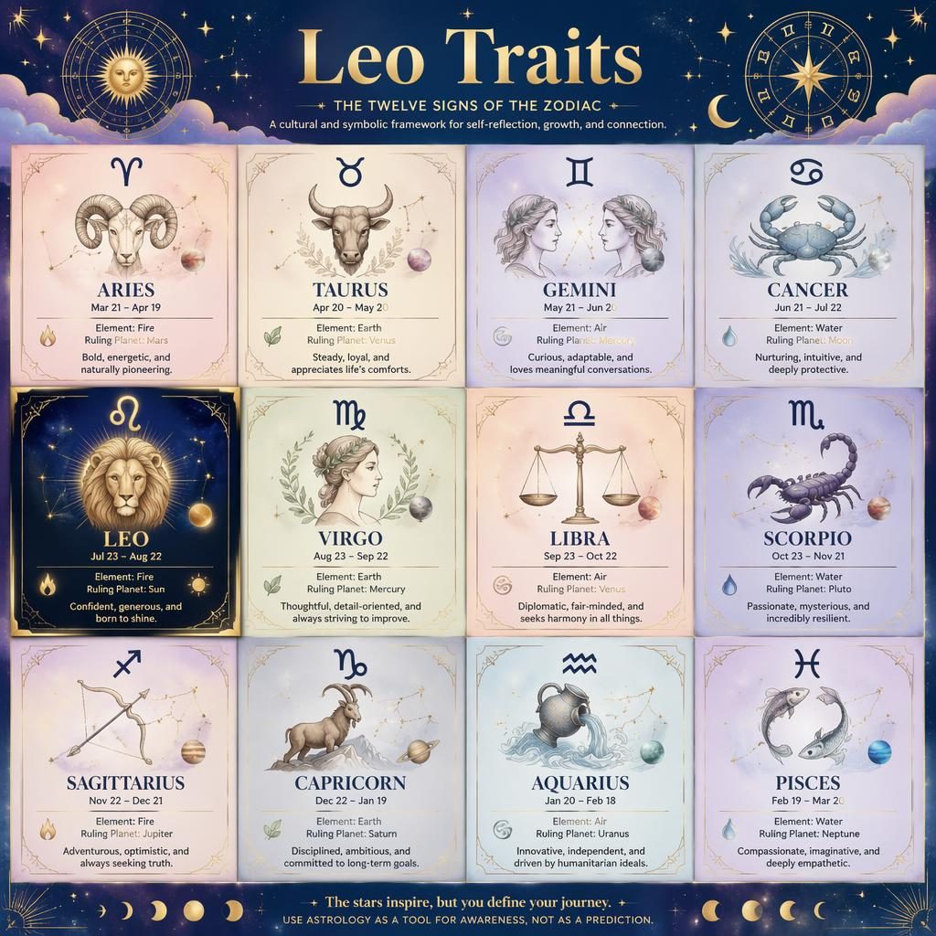 Celestial editorial infographic with a 12-sign zodiac grid, highlighting Leo with glyph, dates, element, ruling planet, and trait.