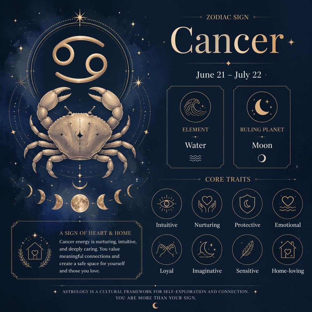 Cancer zodiac report infographic with crab glyph, moon phases, stars, constellation lines, and traits on deep blue background.