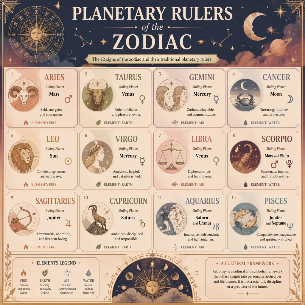 Pastel celestial infographic grid of 12 zodiac signs with ruling planets, traits, elements, zodiac wheel motifs, and star charts.